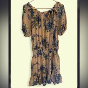 Xhilaration Beige Smocked Ruffle Dress with Blue & Green Floral Print Women’s XS